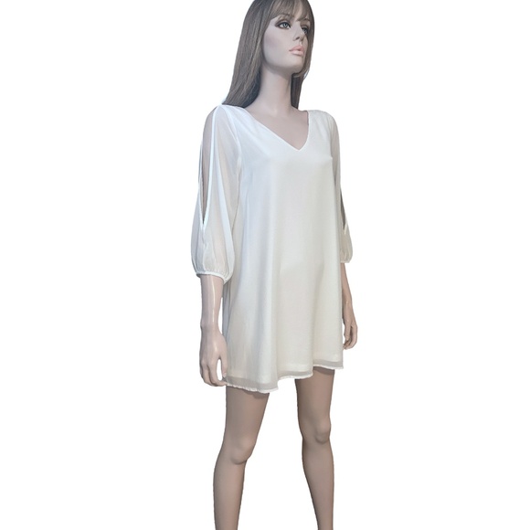 Lulu's Chiffon Cold Shoulder Shift Dress Tunic Wedding open sleeve Flowy Angelic - Picture 3 of 16